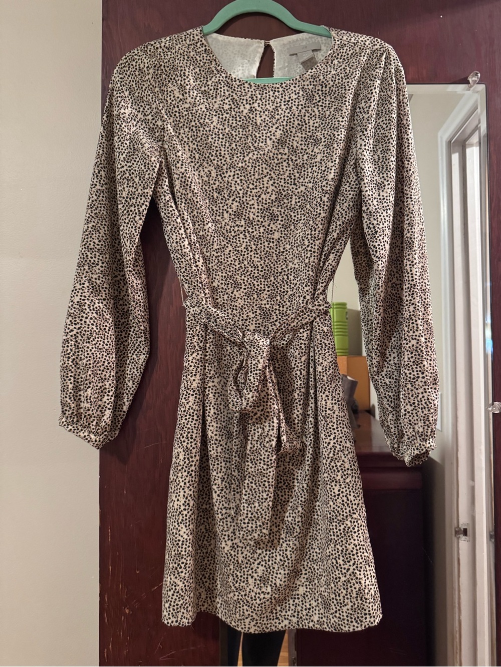 H&M Long Sleeve Cream and Black Printed Tie-Waist Dress